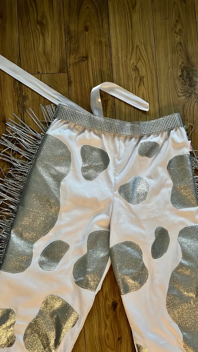 SPARKLY GLITTER SPACE GIRL COW trousers WITH RHINESTONE TRIM & belt