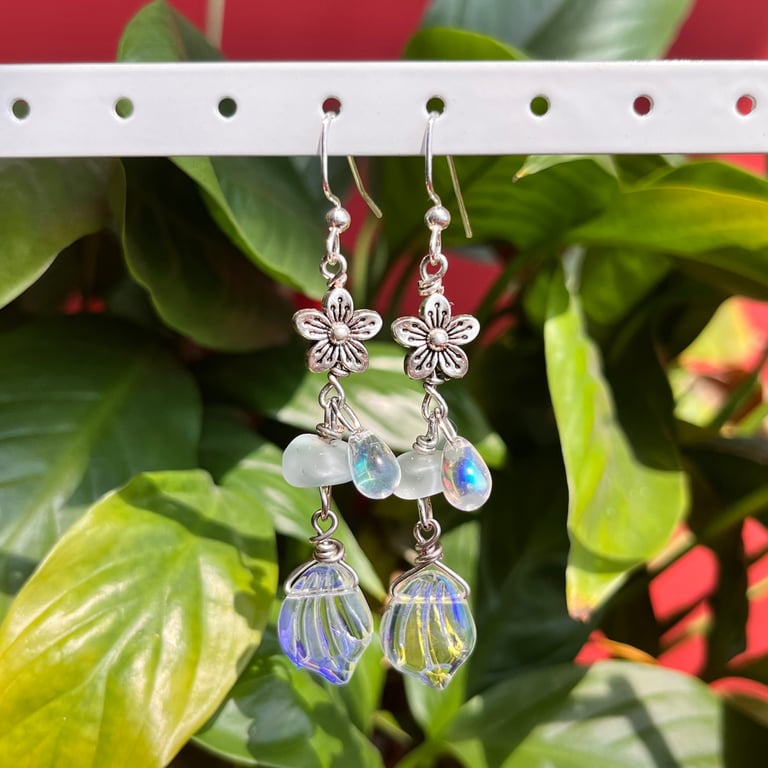Flower Charm Sea Glass Earrings