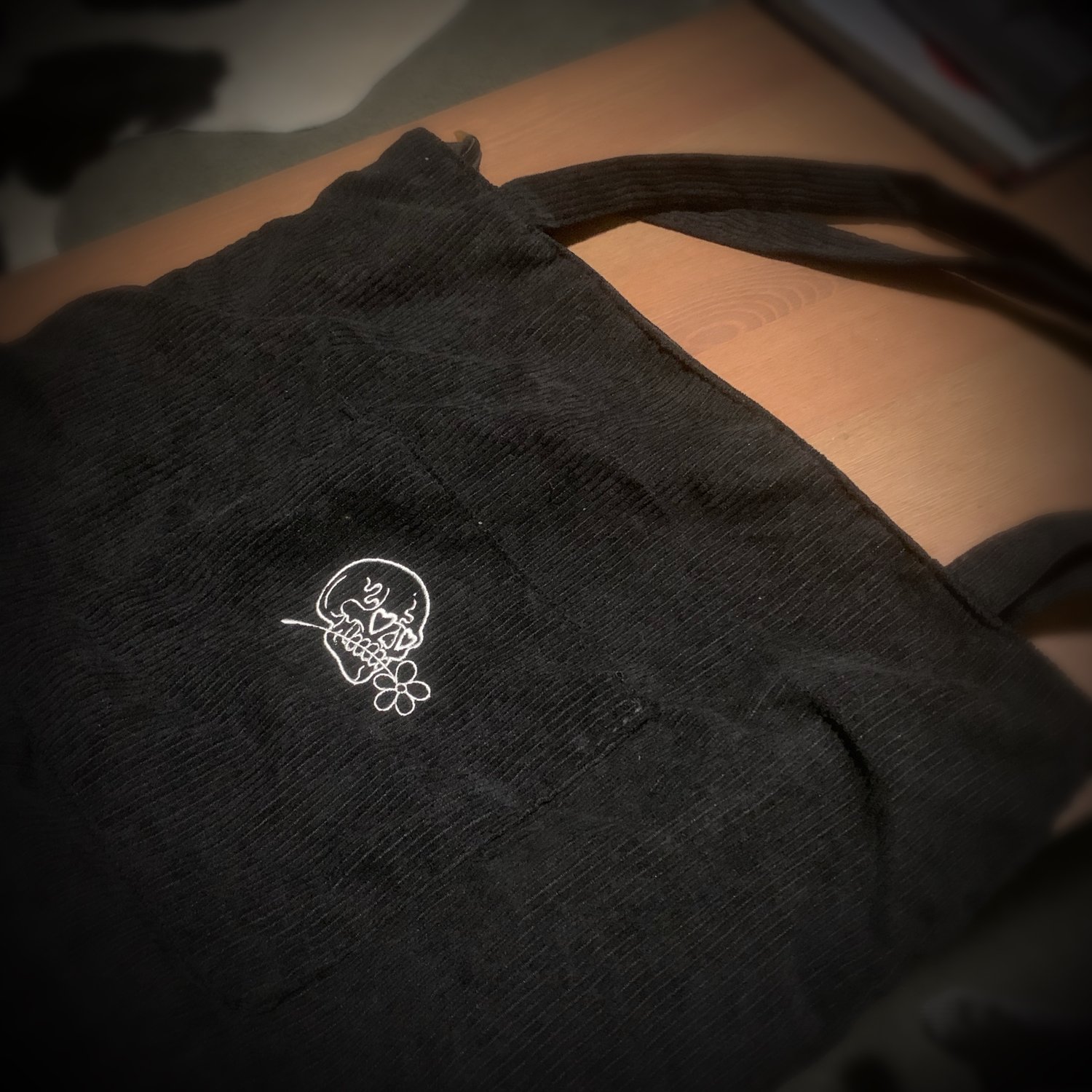 Image of EMBROIDED SKULLY CORDUROY TOTE BAG