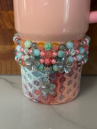 Image 1 of Pastel Beaded Tumbler Bracelet Stack – Pink, Teal & Floral Charm Cup Accessories Set