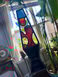Image 1 of Stained Glass Lava Lamp Suncatcher - Deep Red & Mint Confetti Glass Retro Handmade Art