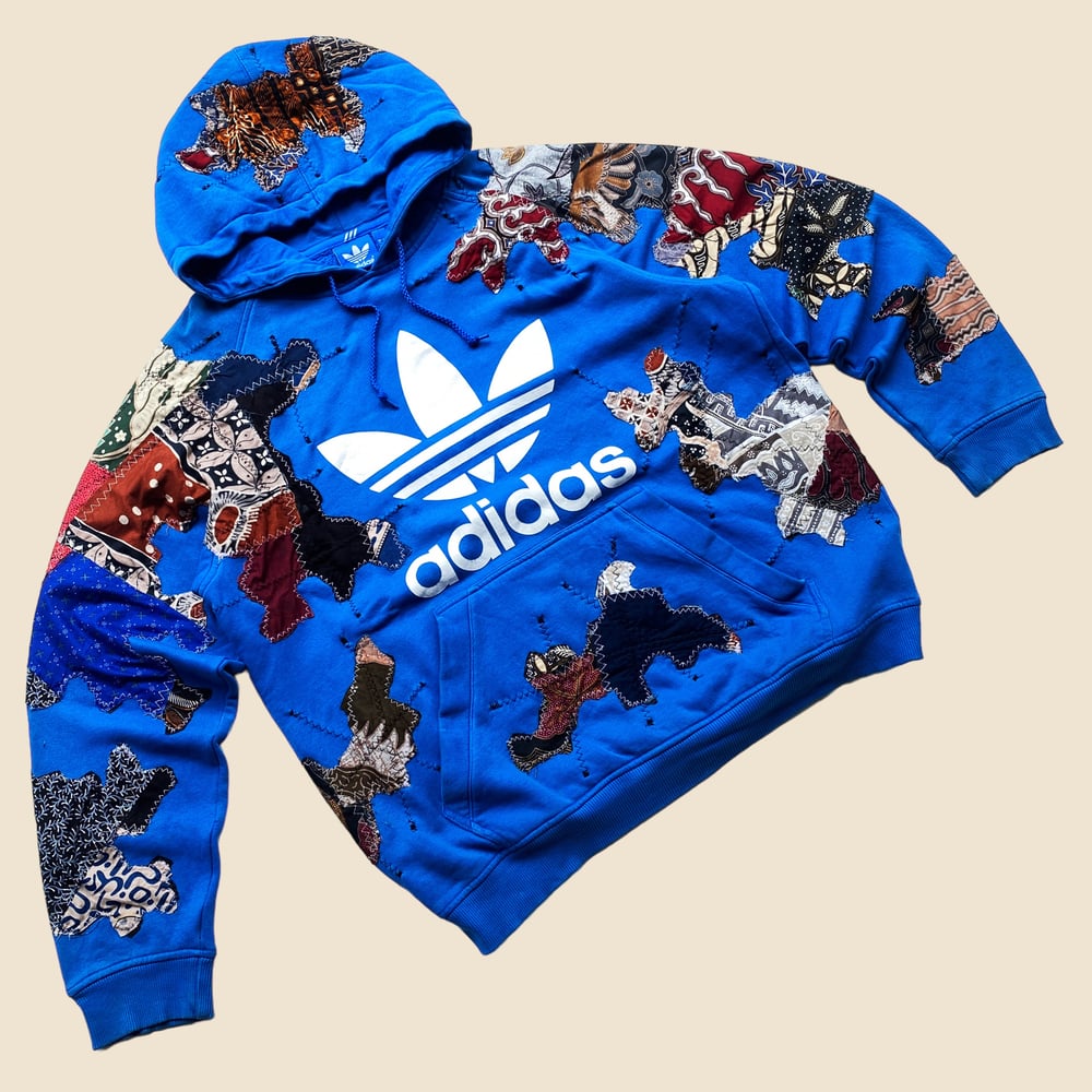 REWORKED ADIDAS BATIK PATCHWORK BLUE HOODIE SIZE L / XL