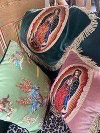 Image 6 of Pink Velvet Cushion with Virgin of Guadalupe appliqué patch