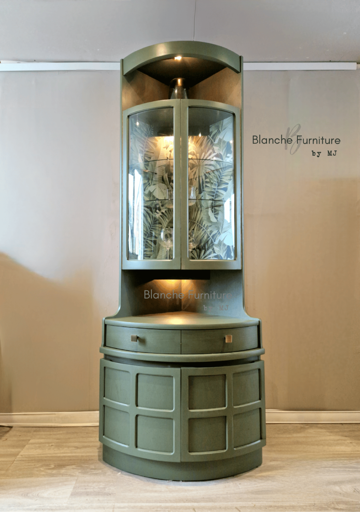 Image of Nathan Corner Drinks Cabinet unit with botanical lining