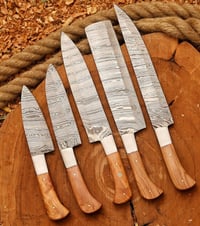 Image 1 of Set of 5 Handmade Damascus Steel Kitchen Knives with Olive Wood Handles & Leather Case