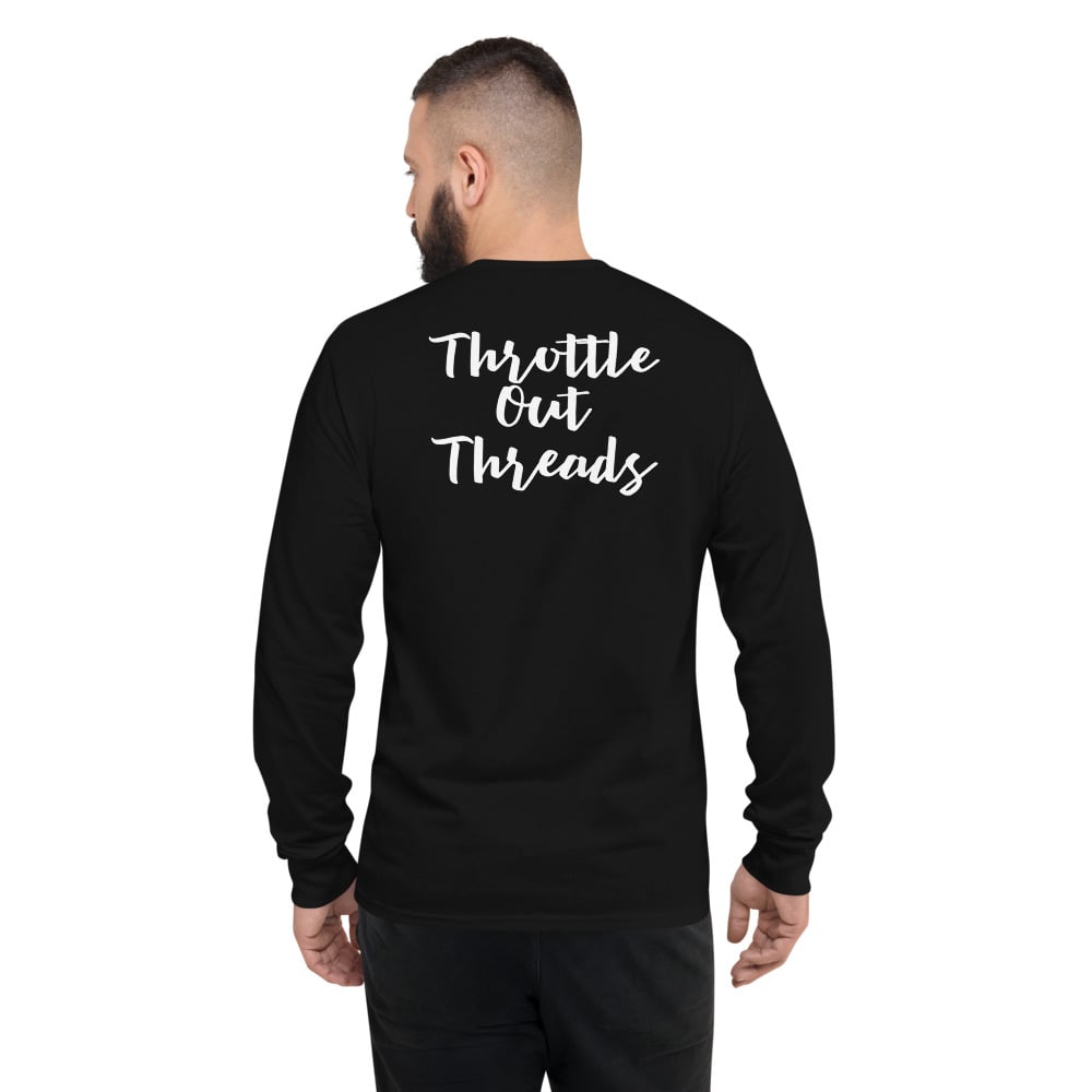 long sleeve shirt with writing on back