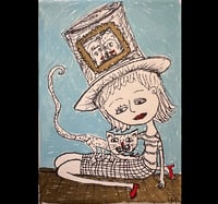 Image 1 of “Fancy Hat and Cat” original drawing on 5” x 7” canvas