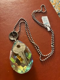 Image 2 of Steampunk repurposed necklace with chandelier crystal and antique key and metal button