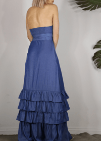 Image 3 of All Right Now Denim Blue Halter Neck Button Down Ruffle Long Dress