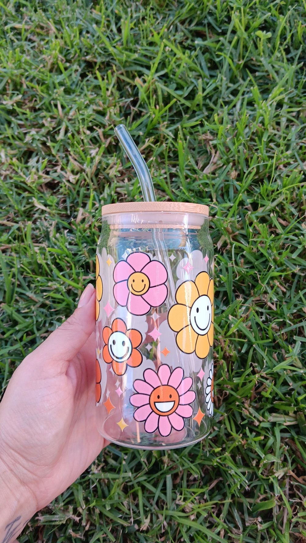 Image of Groovy flowers glass can READY TO SHIP