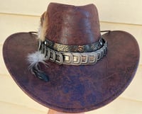 Image 1 of Brown Faux Leather Cowboy Hat Leather & Silver Band Feathers