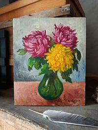Image 1 of Peinture bouquet de chrysanthèmes dans un vase vert