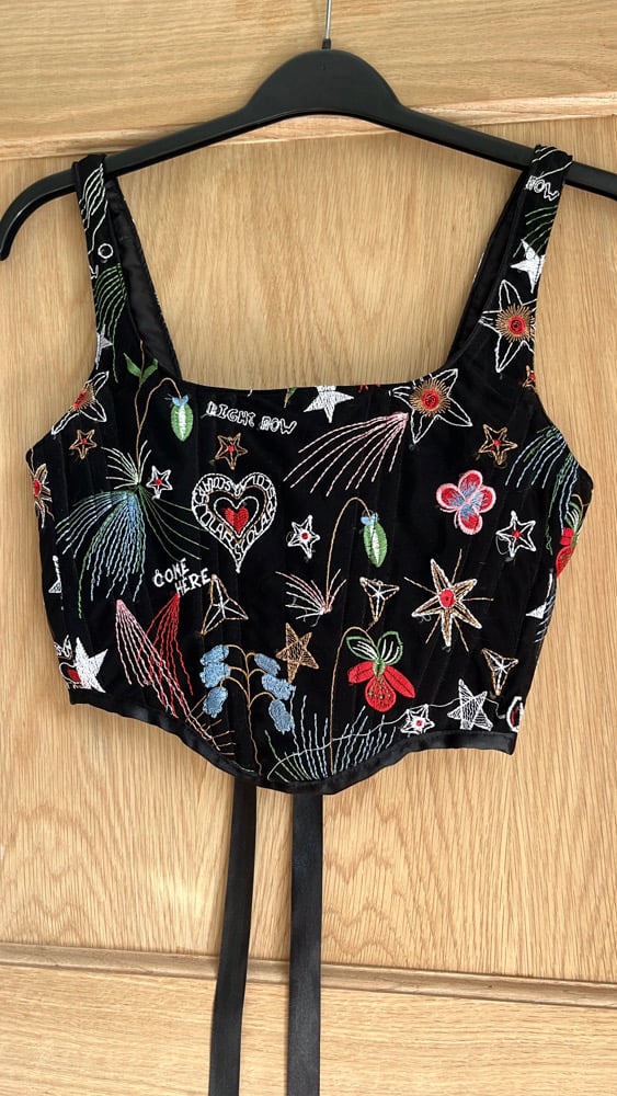 Stars, flowers, constellations, and hearts embroidered tulle Velvet handmade corset
