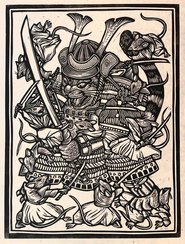 Samurai Cat Block Print