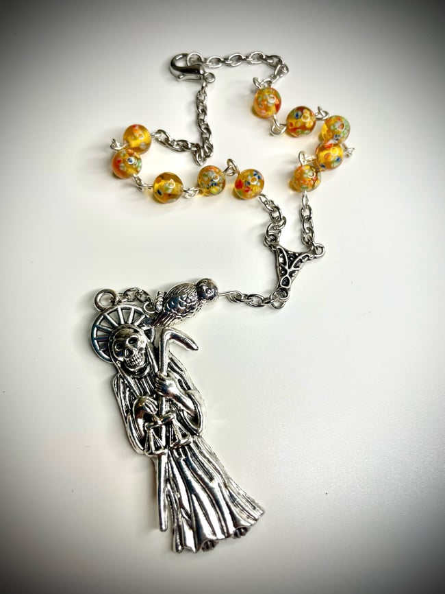 Santa Muerte Car Rosary - Gold Pattern