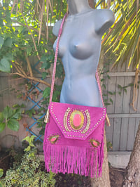 Image 6 of Yellowstone cross over body bag fringes / Moroccan stone HOT PINK