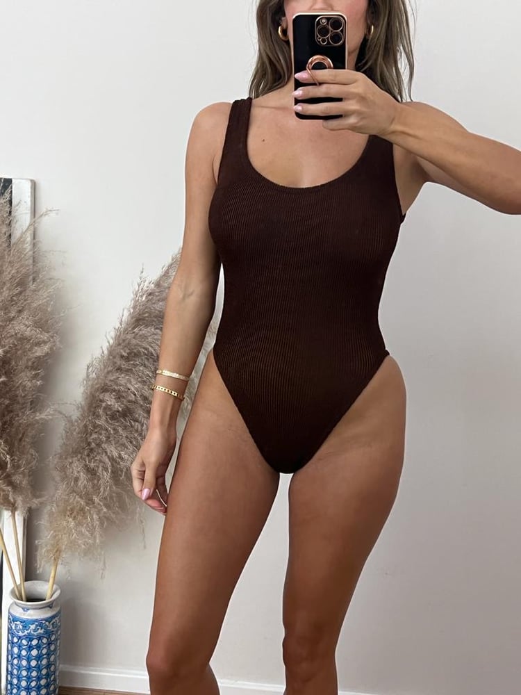 Image of Chocolate Brown Crinkle Classic Onepiece 