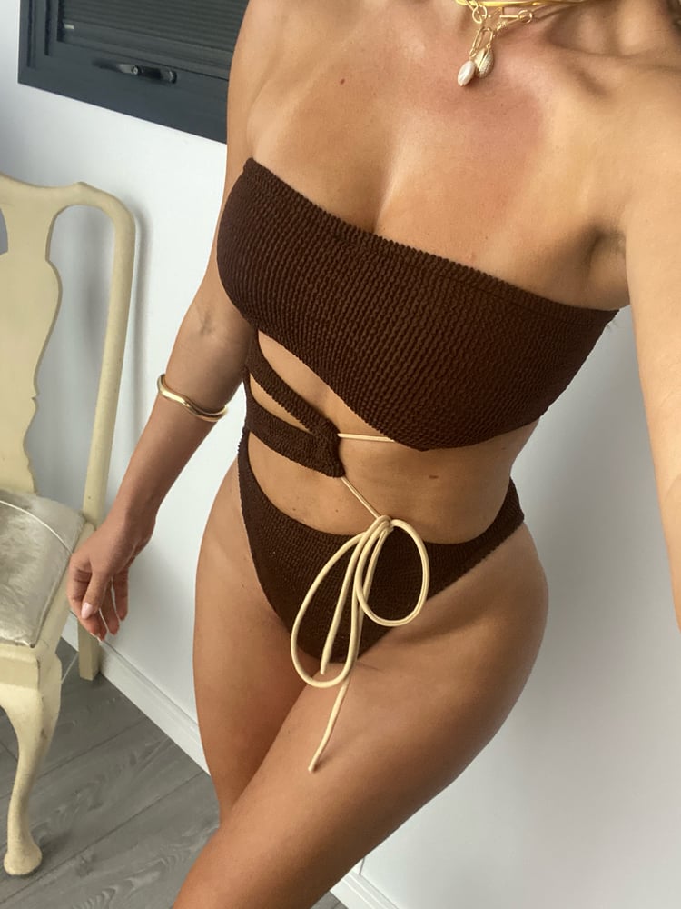 Image of Strapless Drawstring Cut Outs Onepiece In Chocolate Brown & Nude