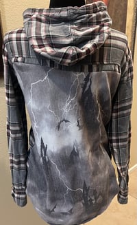 Vintage Gray/Black/White/Red Hoodie Flannel Shirt Scary Mansion