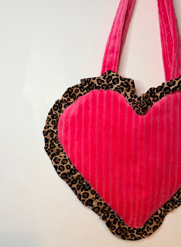 Image of Pink Leopard Faux Fur Heart Bag with Ruffle Trim