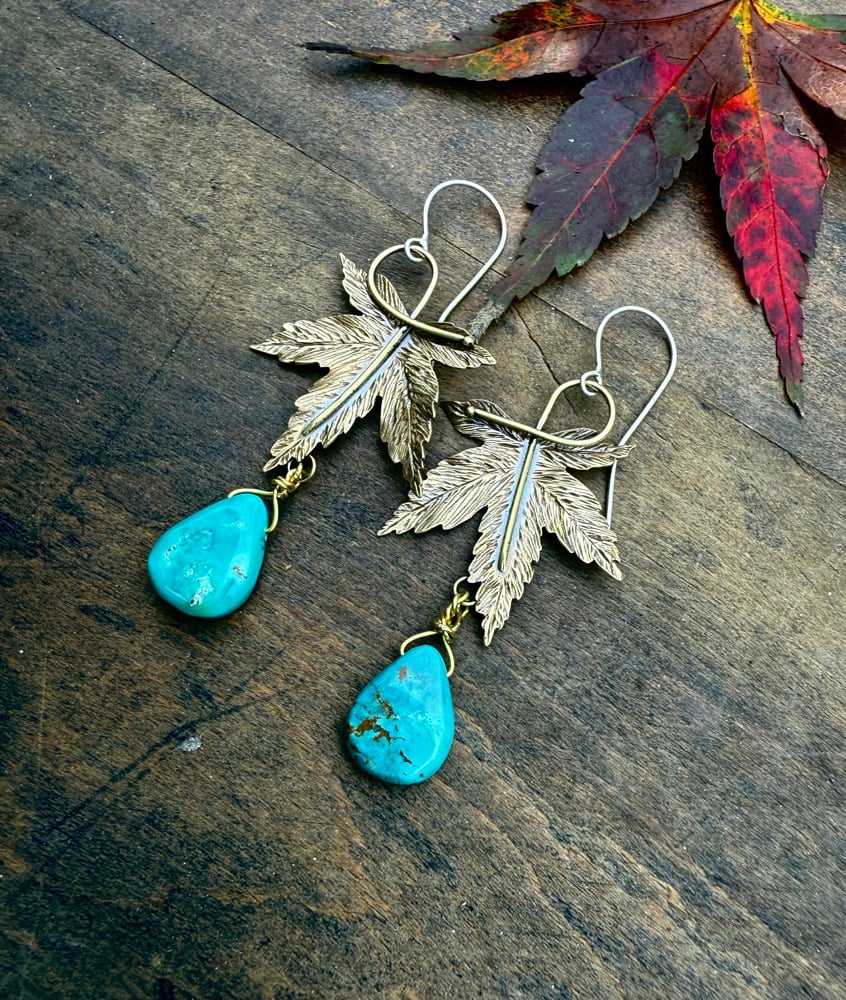 Image of Brass Japanese Maple Leaf Turquoise Earrings