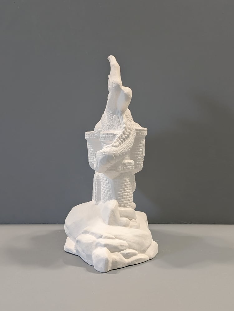 Image of Ceramic Bisque Dragon on Castle Ready to Paint 8" inches in Height