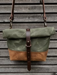 Image 5 of Satchel in olive green waxed canvas with recycled leather base