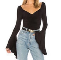 Image 1 of FREE PEOPLE black V-neck gathered front long bell sleeve top shirt