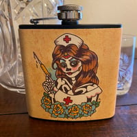 Image 2 of Day of the Dead Nurse Flask “Time For A Shot” Traditional Tattoo Art 6 Oz