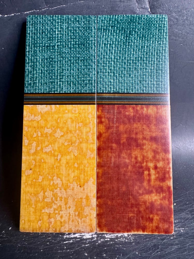 Image of Green Burlap Micarta & Vintage Butterscotch Micarta GLOW Segmented Knife Scales