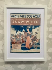 Image 1 of Snow White c1937, framed vintage sheet music of 'Whistle While You Work'