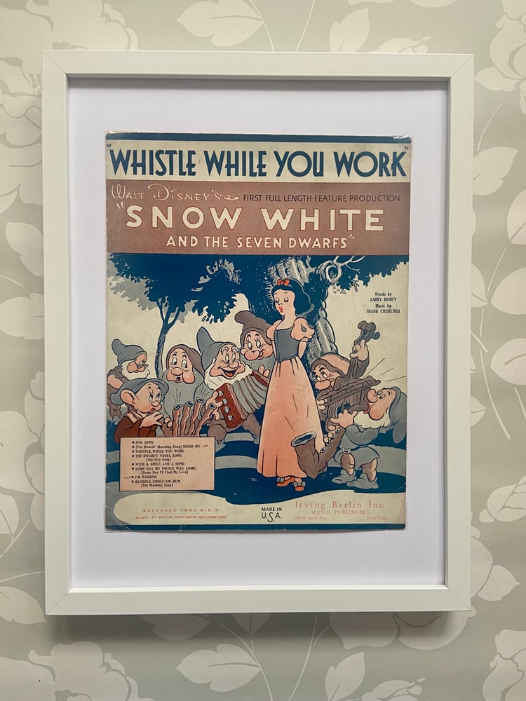 Image of Snow White c1937, framed vintage sheet music of 'Whistle While You Work'