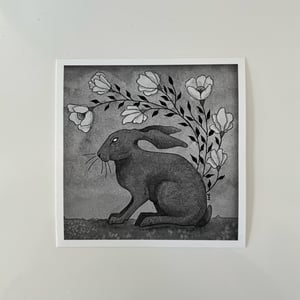 Rabbit And Flowers Ink And Watercolor Print