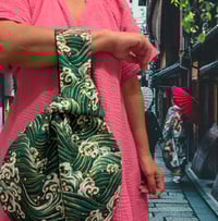 Image 1 of Japanese Hokusai Sea Waves Green Knot Bag 