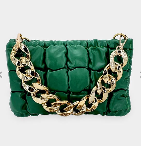 Image of Faux Leather Padded Puffer Shoulder/Crossbody(Green) Bag With Chain Strap