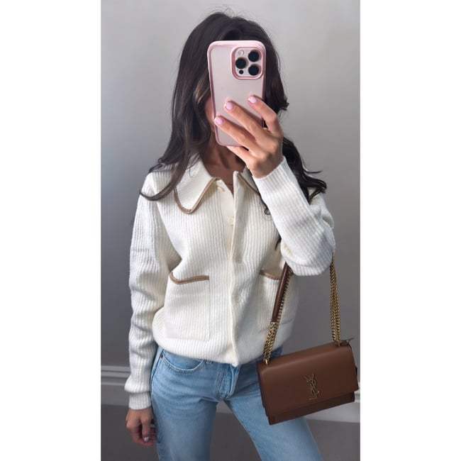 Cream Knitted Cardigan with leather trimming 