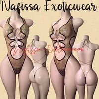 Image 2 of Women's Sparkly Rhinestone Sheer Mesh Bodysuit and Thong Set