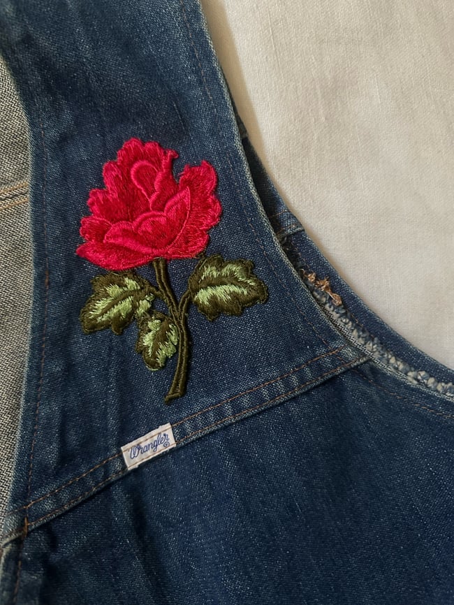 early 70s Wrangler denim vest with rose and harley patches 