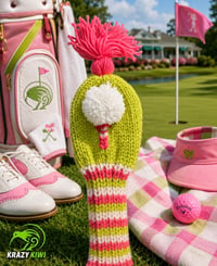 Image 5 of Preppy pink lime embroidered handknit GOLF Club Covers choice of design