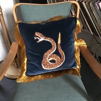 Image 4 of Blue Velvet Snake Patch Cushion Cover With Gold Fringe