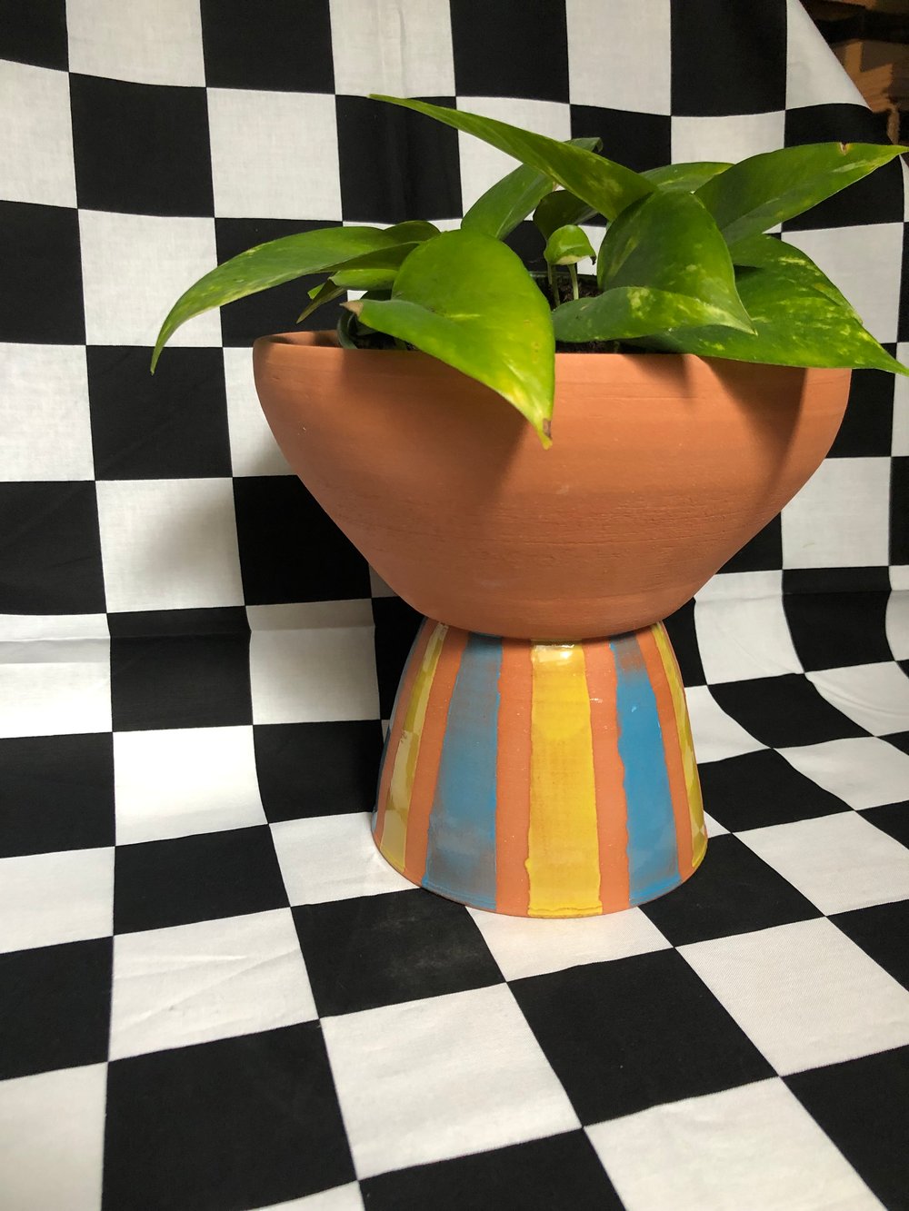 Image of Terra Cotta Pedestal Planter - Striped Base 8 X 8.5