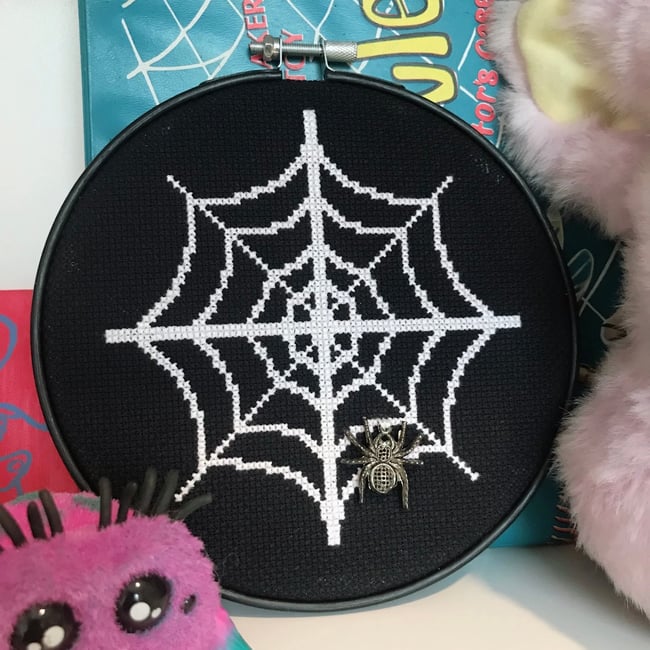  🕷 Spider Web & Charm Cross Stitch, Approx. 6x6 Inches