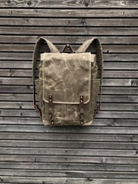 Image 1 of Waxed Canvas Backpack medium size / Hipster Backpack with closing flap and double bottle pocket