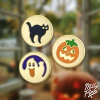 Image 2 of Nostalgic Mini Halloween Cookie Pins – Black Cat, Ghost & Pumpkin – Spooky Cute Gold Enamel Pin