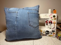 Image 2 of Upcycled “Shady Pines, Ma!” t-shirt pillow with denim pockets