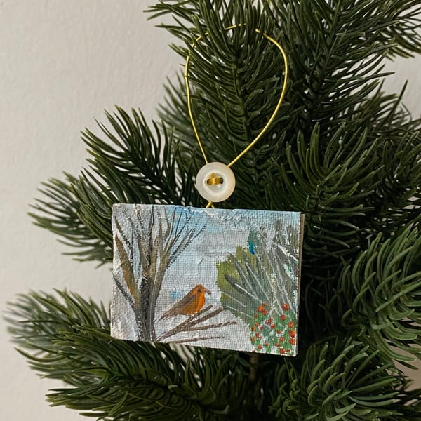 Image of Winter landscape with robin - miniature painting 