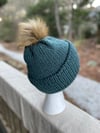 Loom Knit Beanie - Antique Teal w/Pompom– Acrylic- Pompom