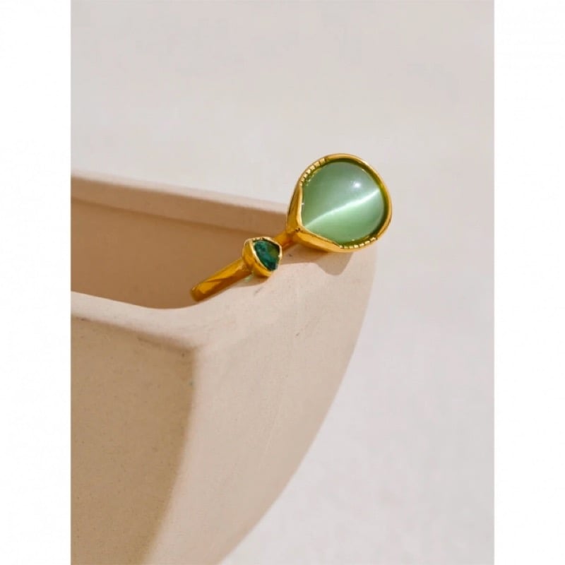 Image of LEYA Natural Green Stone and Cubic Zirconia 18ct Gold Statement Ring 