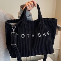 Image 9 of Women's Fashion Solid Color Corduroy Large Capacity Tote Bag, Letter Pattern with Contrast Design Ad