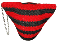 Image 4 of Red and Black Striped Crochet Cat Beanie, Studded Chain Ears, Alternative Style Wear